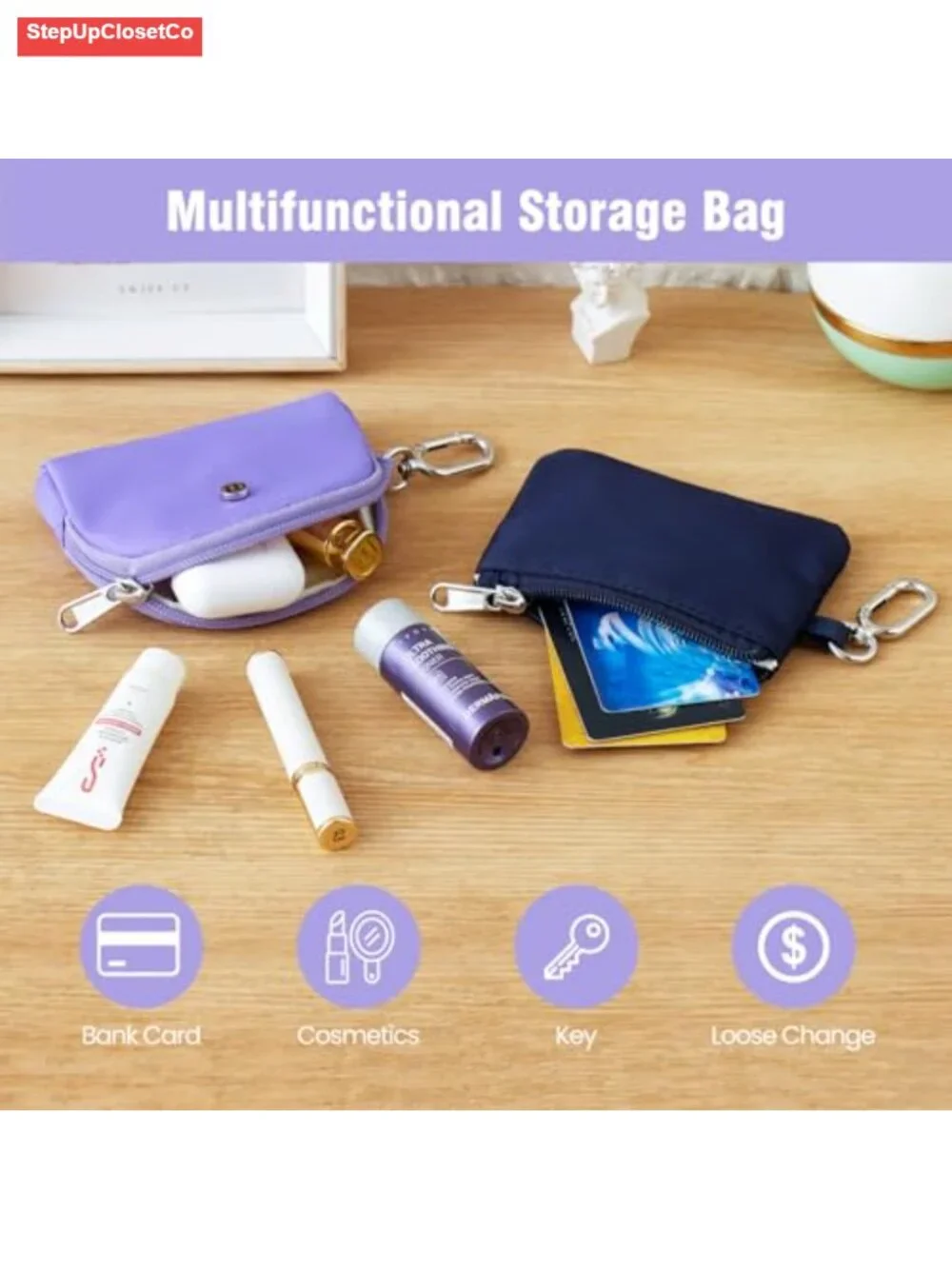 Dual Pouch Wristlet Wallet with 2 Straps, Zip Closure, Silk Blend, for Women &